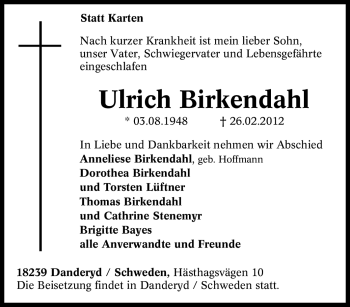 Traueranzeige von Ulrich Birkendahl von Tageszeitung