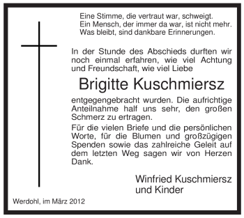 Traueranzeige von Brigitte Kuschmiersz von Tageszeitung