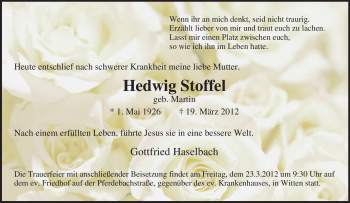 Traueranzeige von Hedwig Stoffel von Tageszeitung