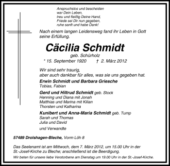 Traueranzeige von Cäcilia Schmidt von Tageszeitung