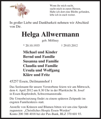 Traueranzeige von Helga Allwermann von Tageszeitung