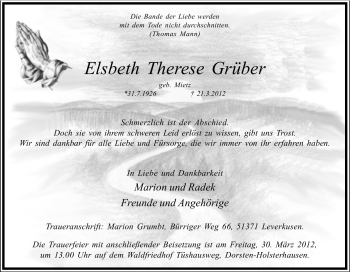 Traueranzeige von Elsbeth Therese Grüber von Tageszeitung