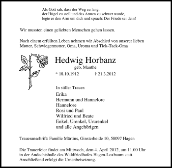 Traueranzeige von Hedwig Horbanz von Tageszeitung