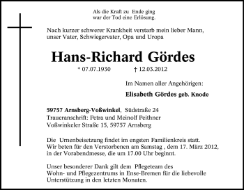 Traueranzeige von Hans-Richard Gördes von Tageszeitung