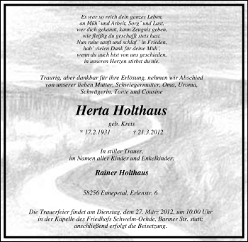 Traueranzeige von Herta Holthaus von Tageszeitung