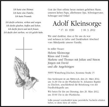 Traueranzeige von Adolf Kleinsorge von Tageszeitung