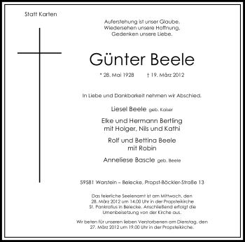 Traueranzeige von Günter Beele von Tageszeitung