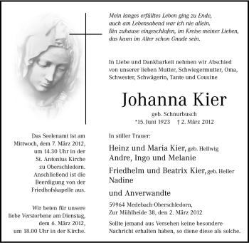 Traueranzeige von Johanna Kier von Tageszeitung