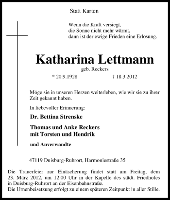 Traueranzeige von Katharina Lettmann von Tageszeitung