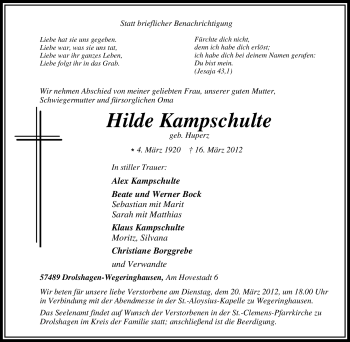 Traueranzeige von Hilde Kampschulte von Tageszeitung