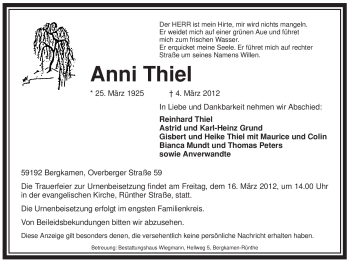 Traueranzeige von Anni Thiel von Tageszeitung