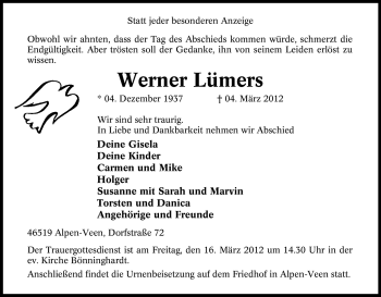 Traueranzeige von Werner Lümers von Tageszeitung