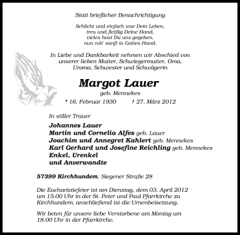 Traueranzeige von Margot Lauer von Tageszeitung