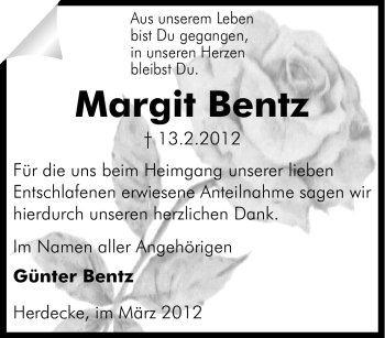 Traueranzeige von Margit Bentz von Tageszeitung