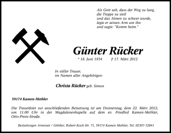 Traueranzeige von Günter Rücker von Tageszeitung