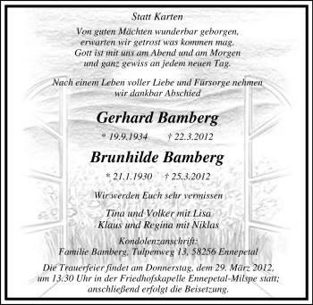 Traueranzeige von Gerhard Bamberg von Tageszeitung