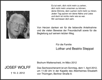 Traueranzeige von Josef Wolff von Tageszeitung