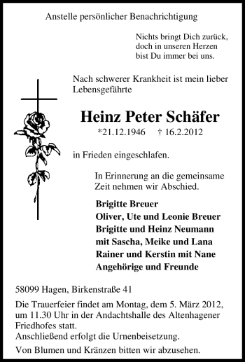 Traueranzeige von Heinz Peter Schäfer von Tageszeitung