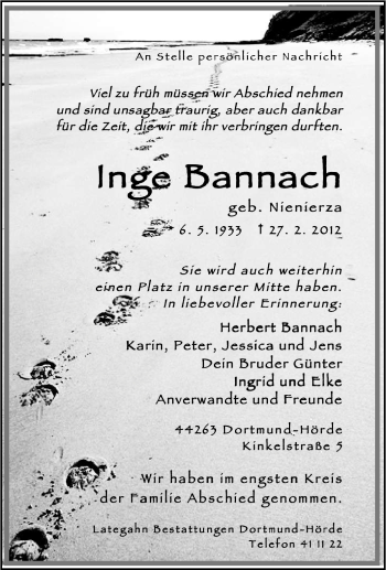 Traueranzeige von Inge Bannach von Tageszeitung