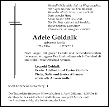 Traueranzeige von Adele Goldnik von Tageszeitung