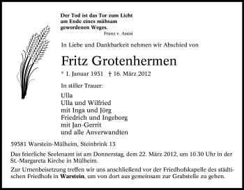 Traueranzeige von Fritz Grotenhermen von Tageszeitung