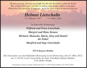 Traueranzeige von Helmut Lietschulte von Tageszeitung