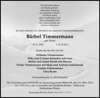 Traueranzeige von Bärbel Timmermann von Tageszeitung