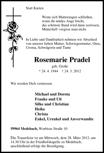Traueranzeige von Rosemarie Pradel von Tageszeitung