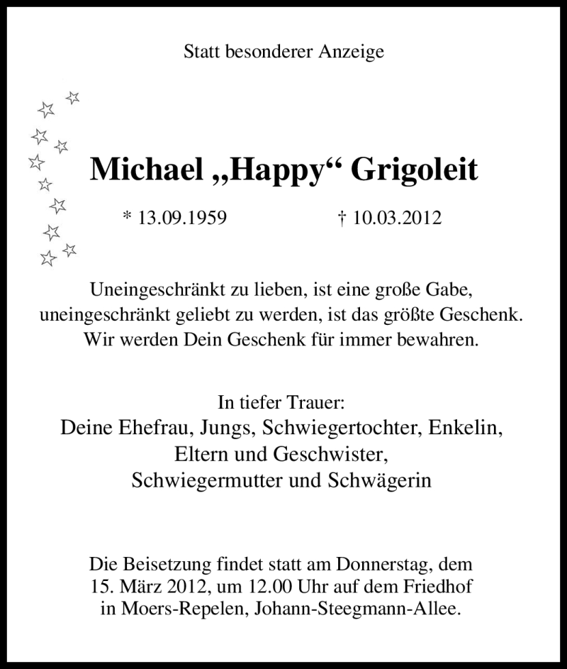  Traueranzeige für Michael Grigoleit vom 13.03.2012 aus Tageszeitung