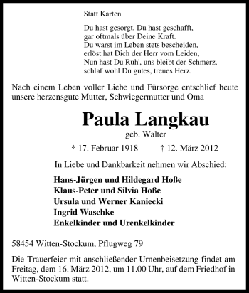 Traueranzeige von Paula Langkau von Tageszeitung
