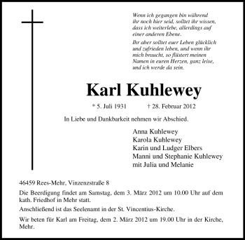Traueranzeige von Karl Kuhlewey von Tageszeitung