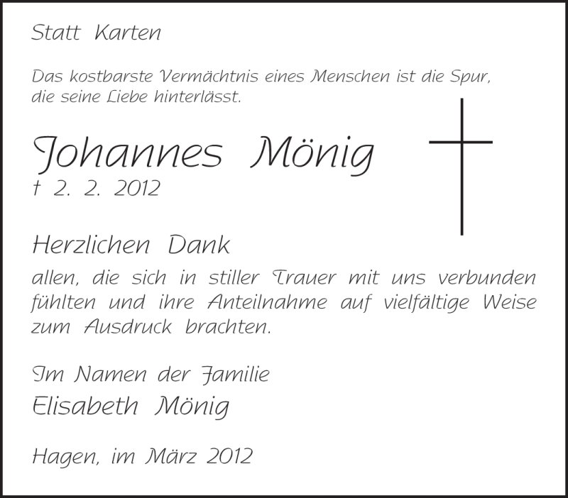  Traueranzeige für Johannes Mönig vom 10.03.2012 aus Tageszeitung