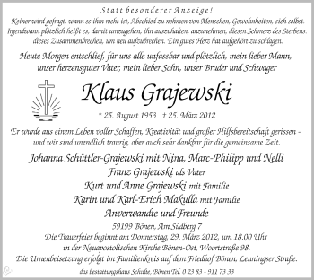 Traueranzeige von Klaus Grajewski von Tageszeitung