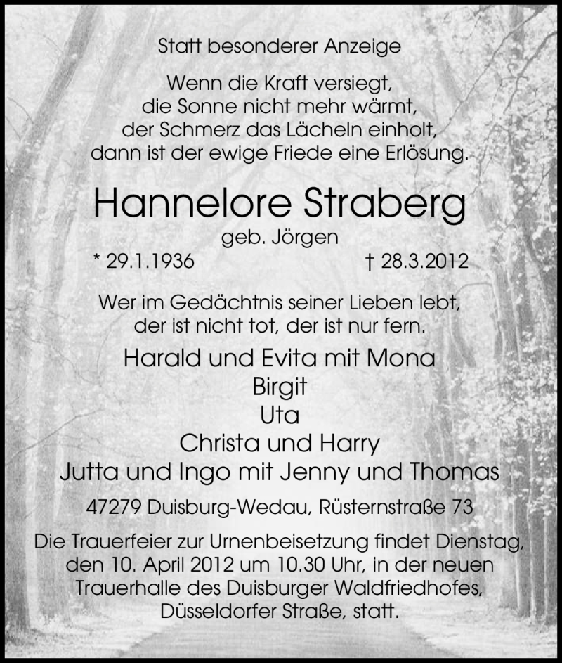  Traueranzeige für Hannelore Straberg vom 31.03.2012 aus Tageszeitung
