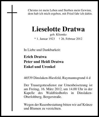 Traueranzeige von Lieselotte Dratwa von Tageszeitung