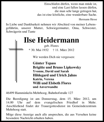 Traueranzeige von Ilse Heidermann von Tageszeitung