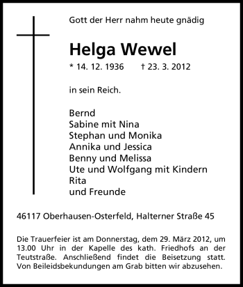 Traueranzeige von Helga Wewel von Tageszeitung