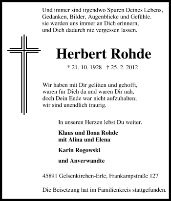 Traueranzeige von Herbert Rohde von Tageszeitung