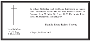 Traueranzeige von Lisa Schöne von Tageszeitung