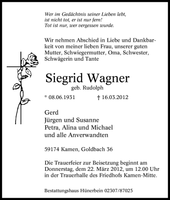 Traueranzeige von Siegrid Wagner von Tageszeitung