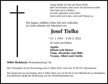 Traueranzeige von Josef Tielke von Tageszeitung
