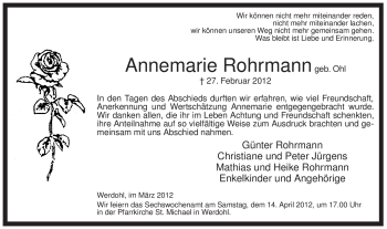 Traueranzeige von Annemarie Rohrmann von Tageszeitung