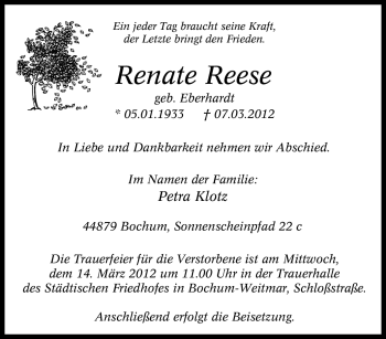 Traueranzeige von Renate Reese von Tageszeitung