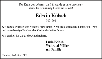 Traueranzeige von Edwin Kölsch von Tageszeitung