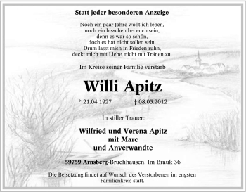 Traueranzeige von Willi Apitz von Tageszeitung