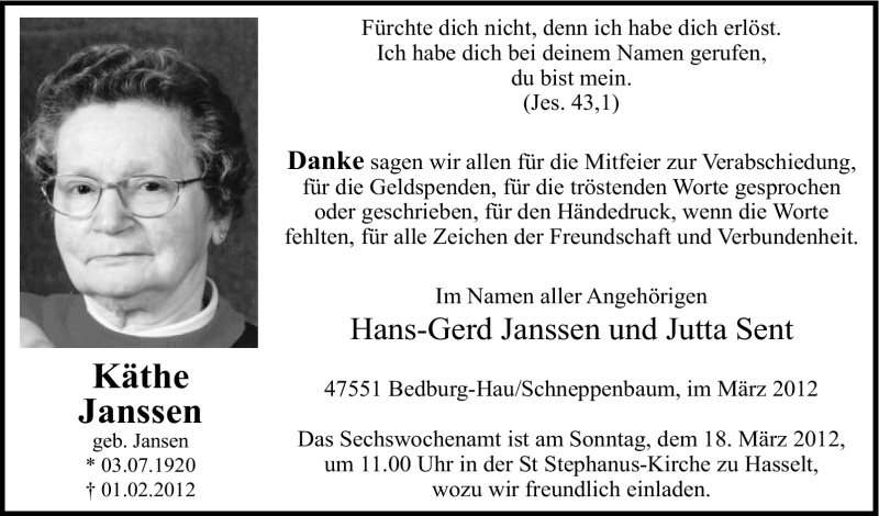  Traueranzeige für Käthe Janssen vom 13.03.2012 aus Tageszeitung