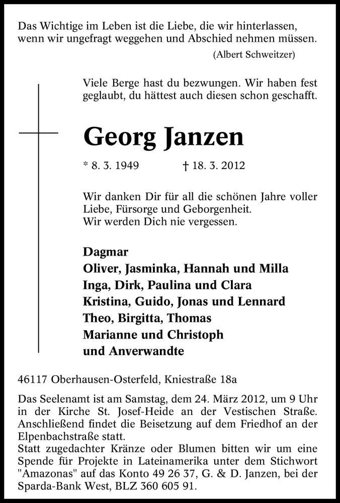  Traueranzeige für Georg Janzen vom 21.03.2012 aus Tageszeitung