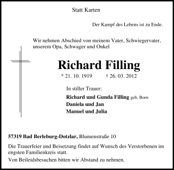 Traueranzeige von Richard Filling von Tageszeitung