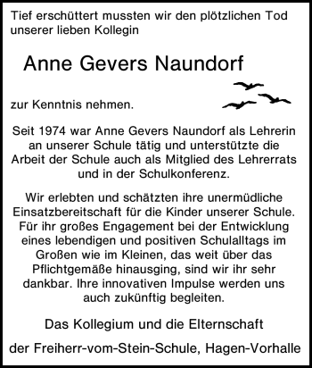 Traueranzeige von Anne Gevers Naundorf von Tageszeitung