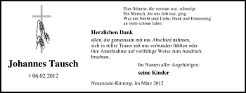 Traueranzeige von Johannes Tausch von Tageszeitung